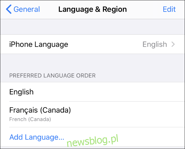 Wiele języków na liście preferowanych języków na iPhonie.