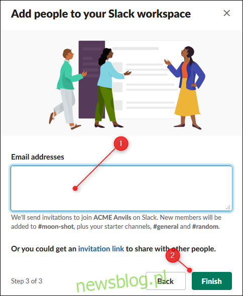 Możliwość wpisania adresów e-mail osób do zaproszenia i przycisk Zakończ.