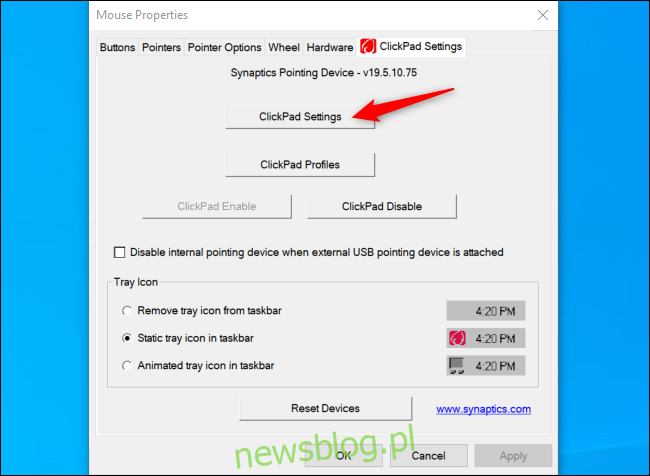 Uruchamianie ustawień Synaptics ClickPad na laptopie HP.