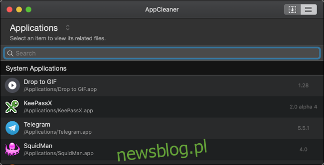 Lista aplikacji w AppCleaner na komputerze Mac.
