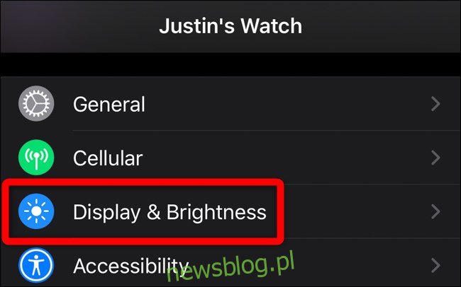 Aplikacja Apple iPhone Watch Stuknij opcję Wyświetlacz i jasność
