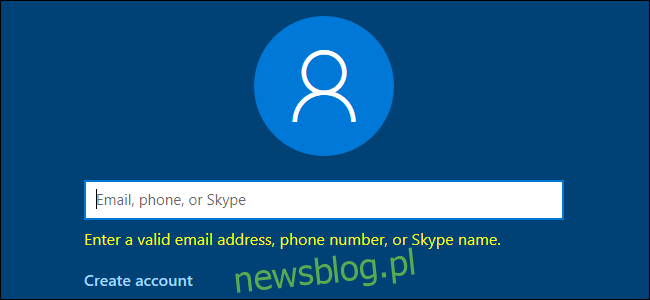 Windows 10 żąda prawidłowego adresu e-mail, numeru telefonu lub nazwy użytkownika Skype.
