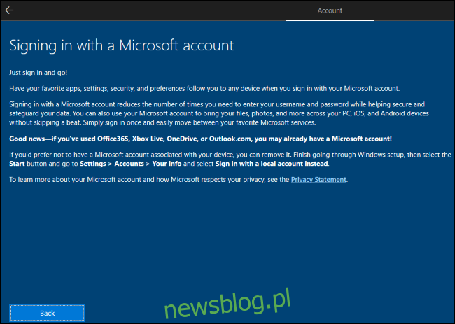Windows 10 wyjaśniający, że powinieneś utworzyć konto Microsoft, a następnie je usunąć.