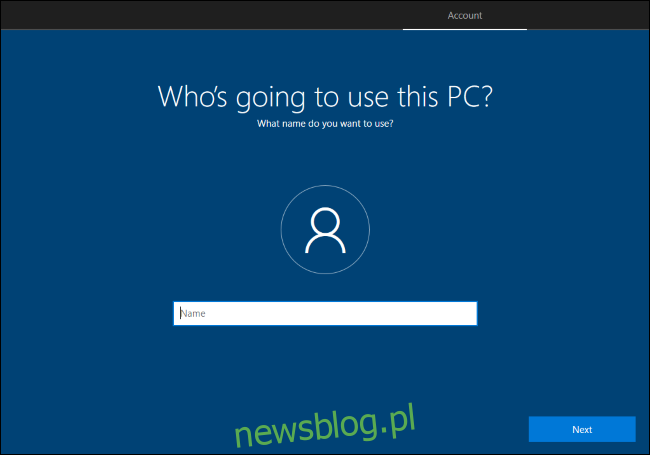 Tworzenie lokalnego konta użytkownika w procesie konfiguracji systemu Windows 10.