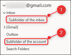 Kliknij prawym przyciskiem myszy skrzynkę odbiorczą, aby utworzyć nowy podfolder.  Kliknij prawym przyciskiem konto e-mail, aby utworzyć folder na tym samym poziomie co Skrzynka odbiorcza.