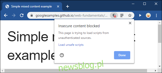 Komunikat Niezabezpieczona treść zablokowana w Google Chrome.