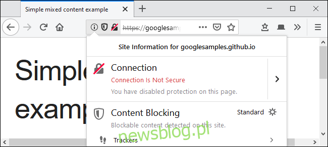Ostrzeżenie Połączenie nie jest bezpieczne po odblokowaniu zawartości mieszanej w przeglądarce Firefox.