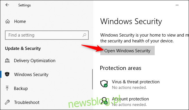 Otwieranie aplikacji Windows Security z ustawień systemu Windows 10.