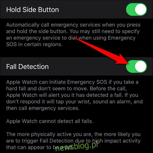 Aplikacja Apple iPhone Watch Włącz wykrywanie upadku