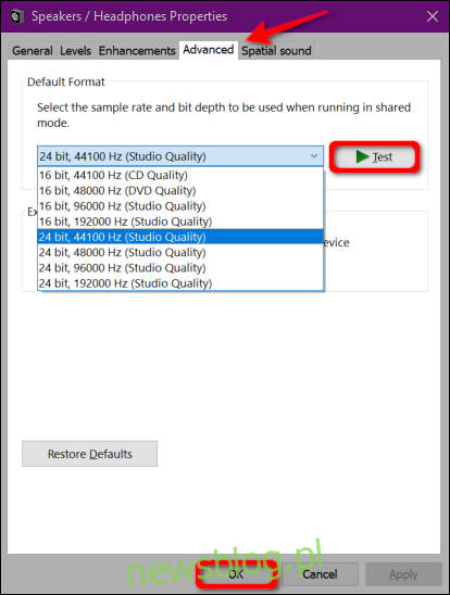 Windows 10 Zmień format audio