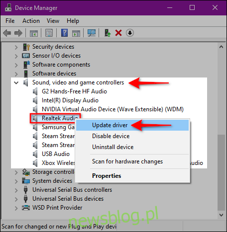 Sterownik audio aktualizacji systemu Windows 10