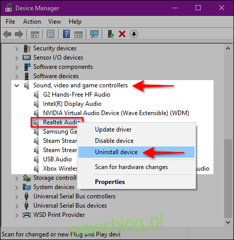 Odinstaluj urządzenie audio w systemie Windows 10