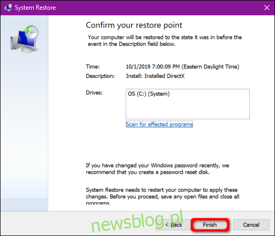 Windows 10 Potwierdź punkt przywracania