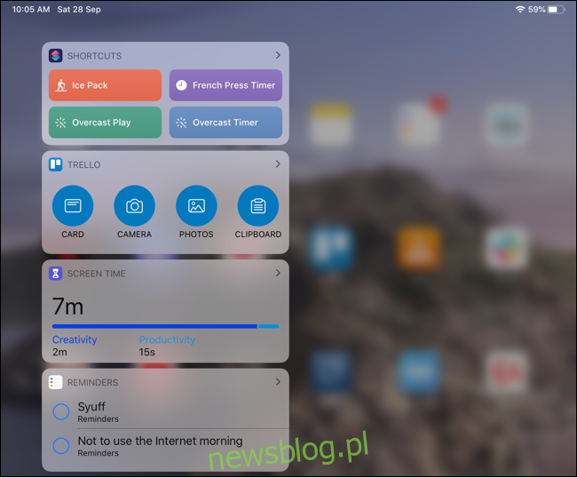 Widżety wyświetlane na ekranie głównym iPada Pro w widoku pionowym