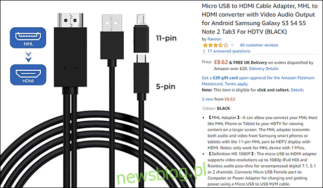 Lista kabli MHL HDMI na Amazon.