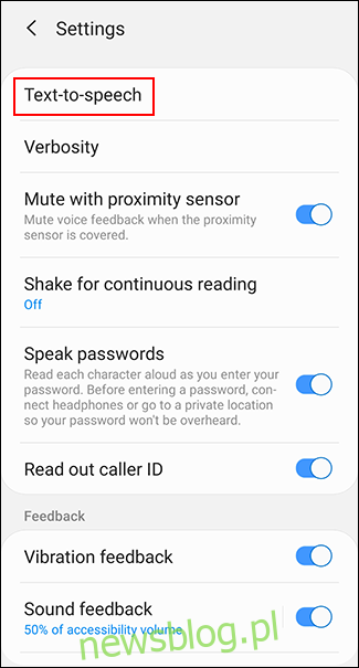 Dotknij opcji Przetwarzanie tekstu na mowę lub Zamiana tekstu na mowę, w zależności od urządzenia z systemem Android