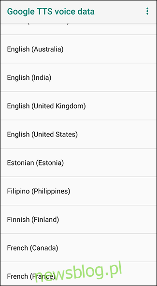 W menu danych głosowych Google TTS dotknij wybranego języka