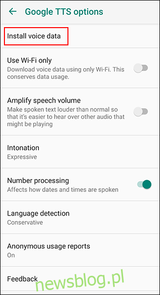 Dotknij opcji Zainstaluj dane głosowe w menu opcji Google TTS
