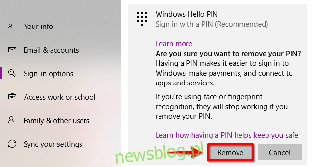 Usuń kod PIN Windows Hello Krok 2