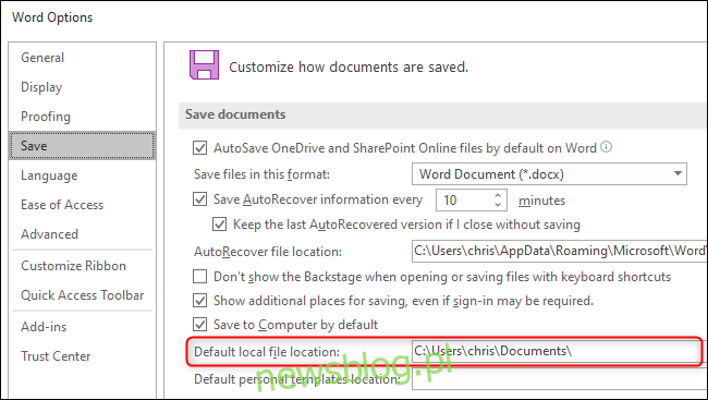 Wybieranie domyślnego folderu zapisywania dokumentów w programie Microsoft Word.