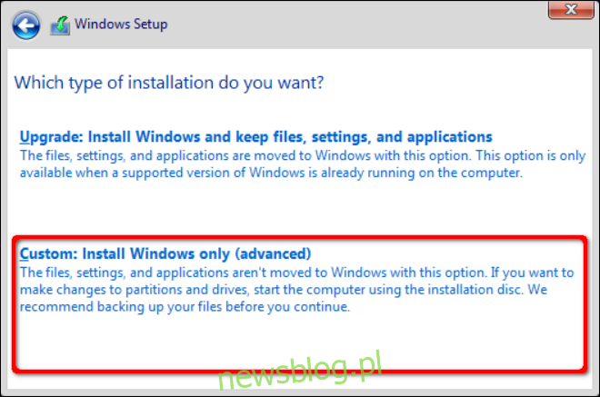 Niestandardowa instalacja systemu Windows