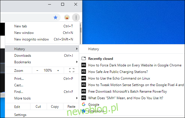 Ponowne otwieranie zamkniętej karty z menu Historia Chrome.