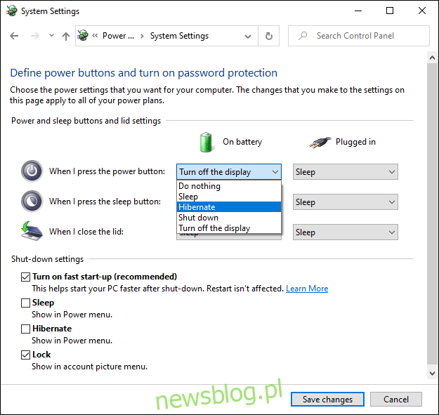 Menu Zaawansowane ustawienia zasilania systemu Windows 10.