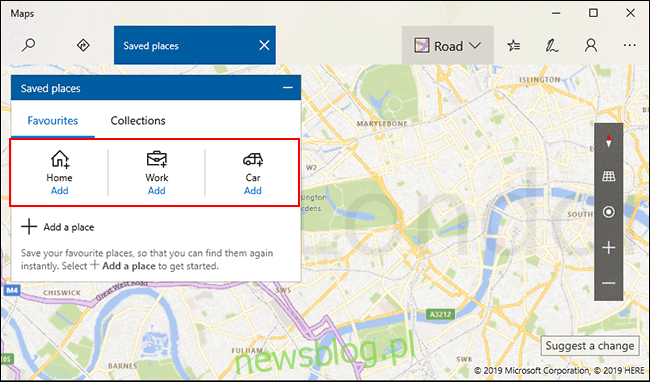 W zapisanych miejscach kliknij Dodaj, aby zapisać lokalizację dla domu, pracy i samochodu