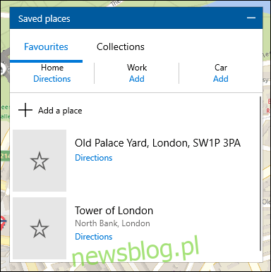 Lista zapisanych lokalizacji w Windows 10 Maps