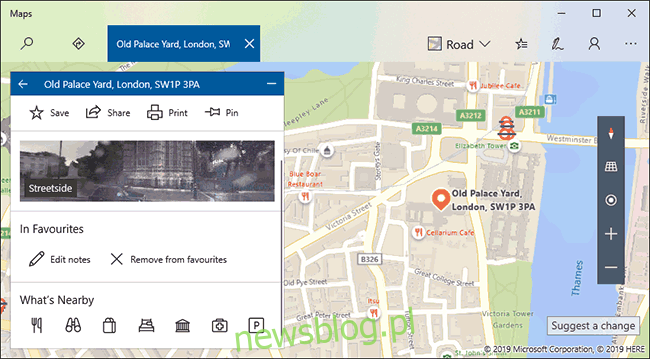 Przykład listy ulubionych lokalizacji w Windows 10 Maps