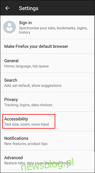 Dotknij opcji Dostępność w menu ustawień Firefoksa na Androida