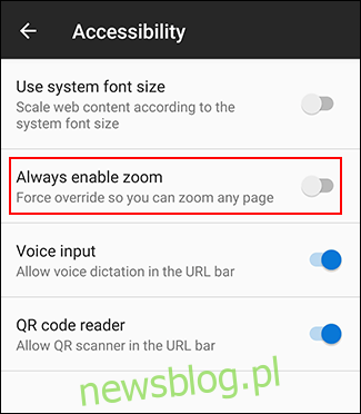 Stuknij zawsze włączaj powiększanie w Firefoksie w menu ułatwień dostępu Androida