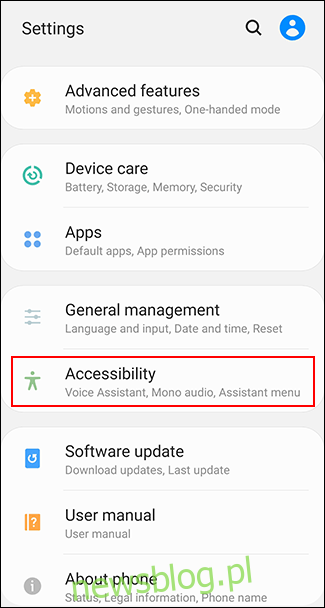Dotknij opcji Dostępność w menu ustawień Androida