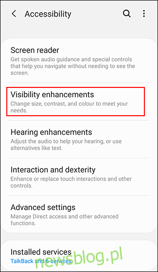 Dotknij opcji Ulepszenia widoczności w menu ułatwień dostępu Androida