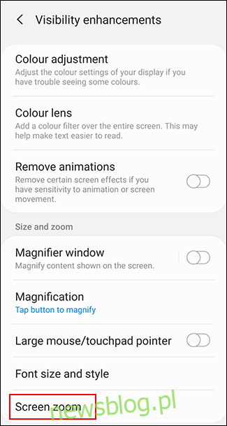 Stuknij opcję Powiększenie ekranu w menu ulepszeń widoczności Androida