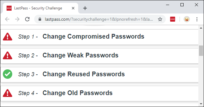 Wyzwanie bezpieczeństwa LastPass pokazujące złamane, słabe, ponownie użyte i stare hasła.