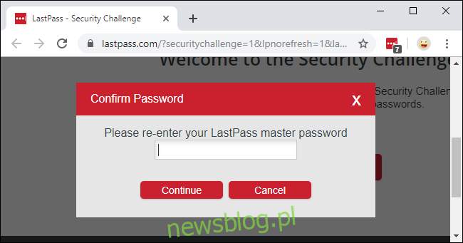 Wprowadzanie hasła głównego LastPass, aby rozpocząć wyzwanie bezpieczeństwa.