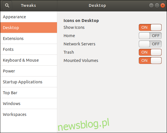 Ustawienia pulpitu w oknie aplikacji w Ubuntu 18.04