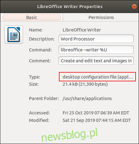 Okno dialogowe właściwości pliku LibreOffice Writer .desktop.
