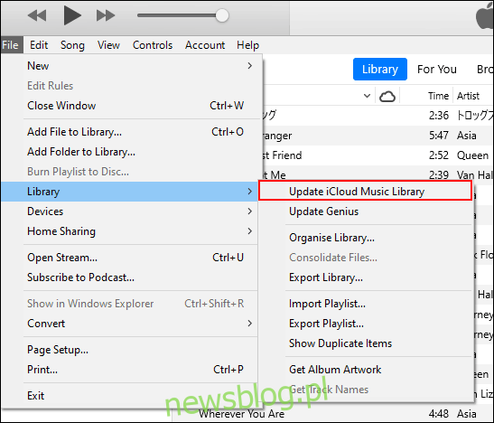 W iTunes kliknij Plik, następnie Biblioteka, a następnie Aktualizuj bibliotekę muzyczną iCloud