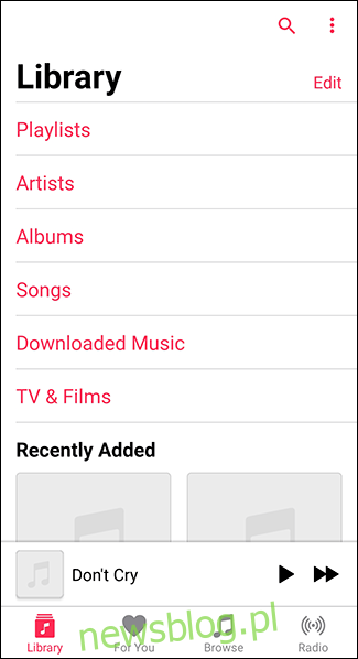 Otwórz aplikację Apple Music w systemie Android i stuknij aplikację Biblioteka