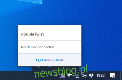 Oprogramowanie doubleTwist Sync w systemie Windows, informujące użytkownika, że ​​żadne urządzenia nie są podłączone
