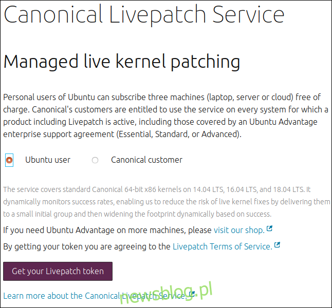 Strona internetowa usługi Canonical Livepatch