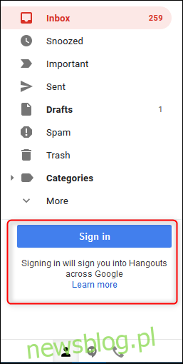 Sekcja Google Hangouts na pasku bocznym Gmaila.