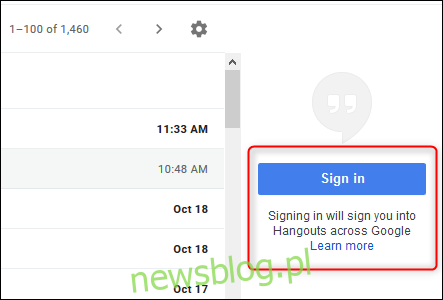 Sekcja Google Hangouts po prawej stronie w aplikacji Gmail.