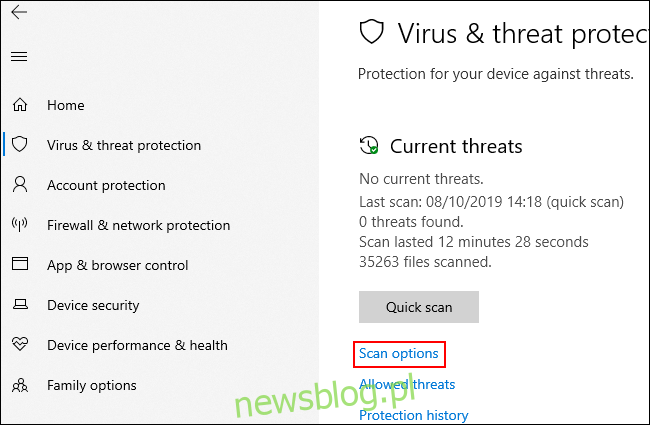 W menu Ochrona przed wirusami i zagrożeniami kliknij Opcje skanowania
