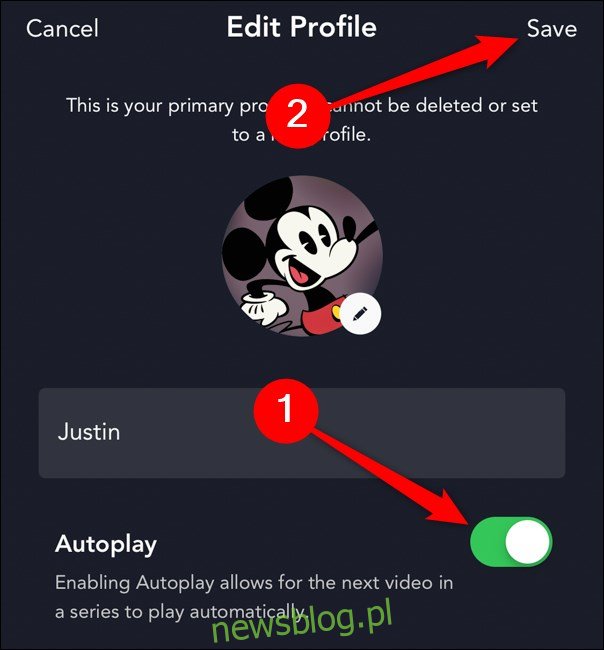 Aplikacja Disney + Włącz autoodtwarzanie, a następnie wybierz przycisk Zapisz
