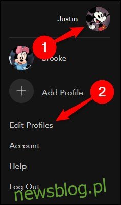 Disney + w sieci Najedź kursorem na awatar i wybierz Edytuj profile