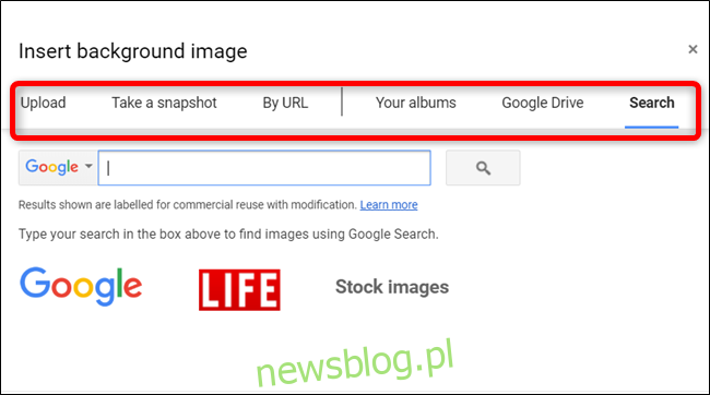 Możesz wybrać obraz z niezliczonych mediów, w tym z Dysku Google, lub wyszukać go za pomocą obrazów Google, Life lub Stock.