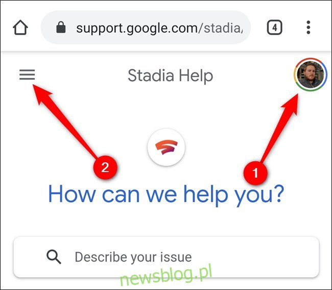 Aplikacja Google Stadia Zaloguj się na konto Google i kliknij menu Hamburger